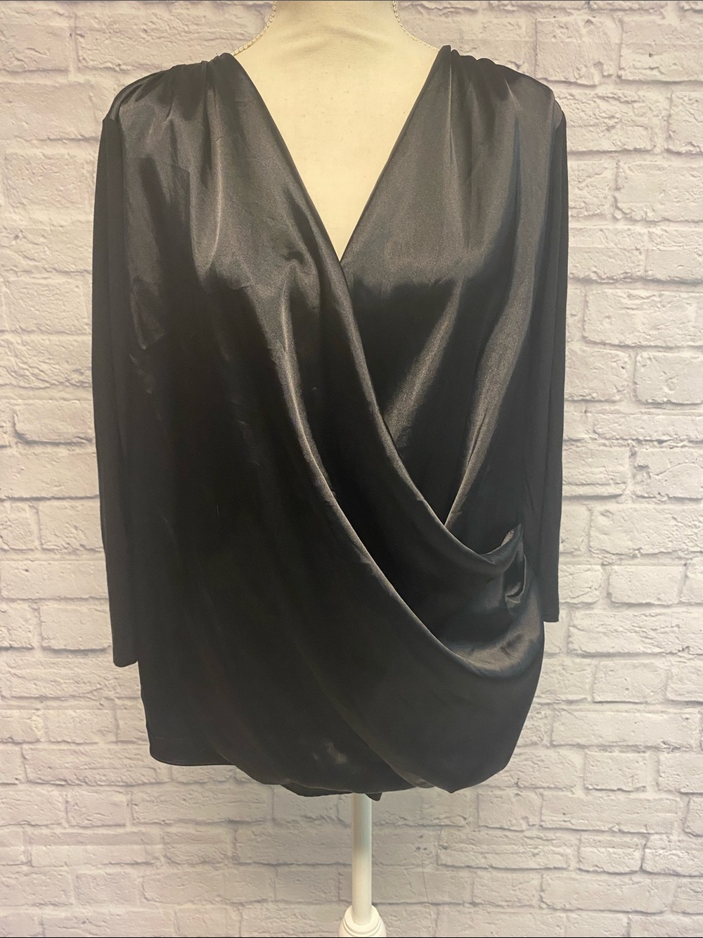 New York & Company Black Satin Draped Surplice Top Size Large